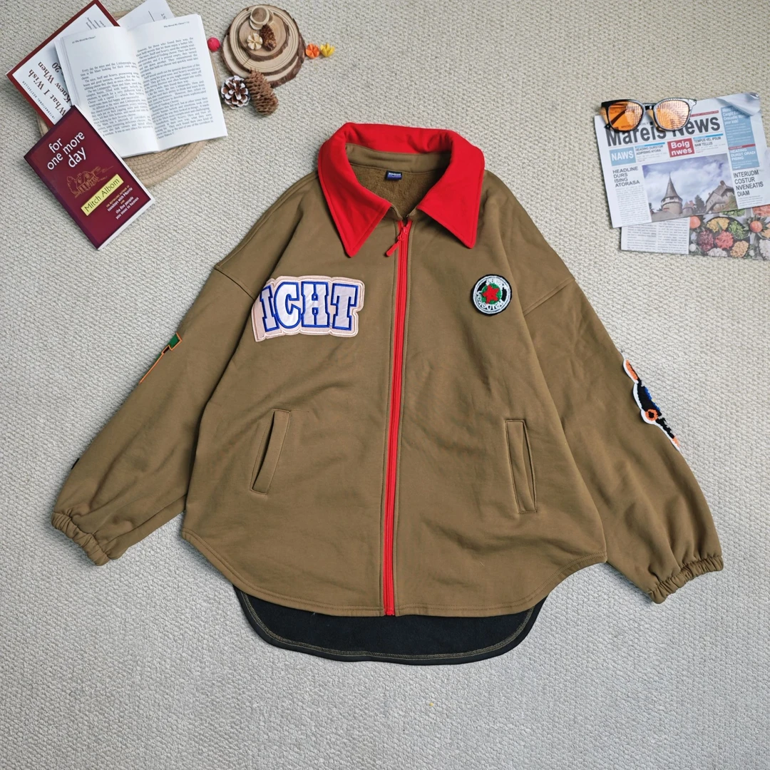 2025早春新款时尚百搭拼色加绒加厚长袖厚外套9132