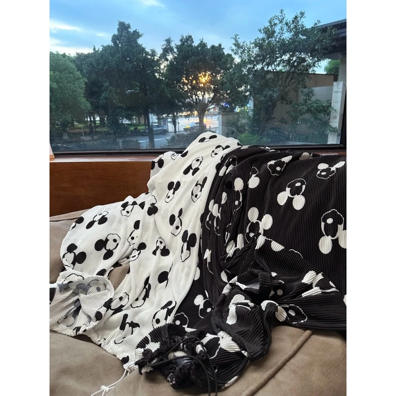 『PEACHZHOU』米鼠印花压褶松紧腰宽松直筒休闲裤垂感减龄阔腿裤