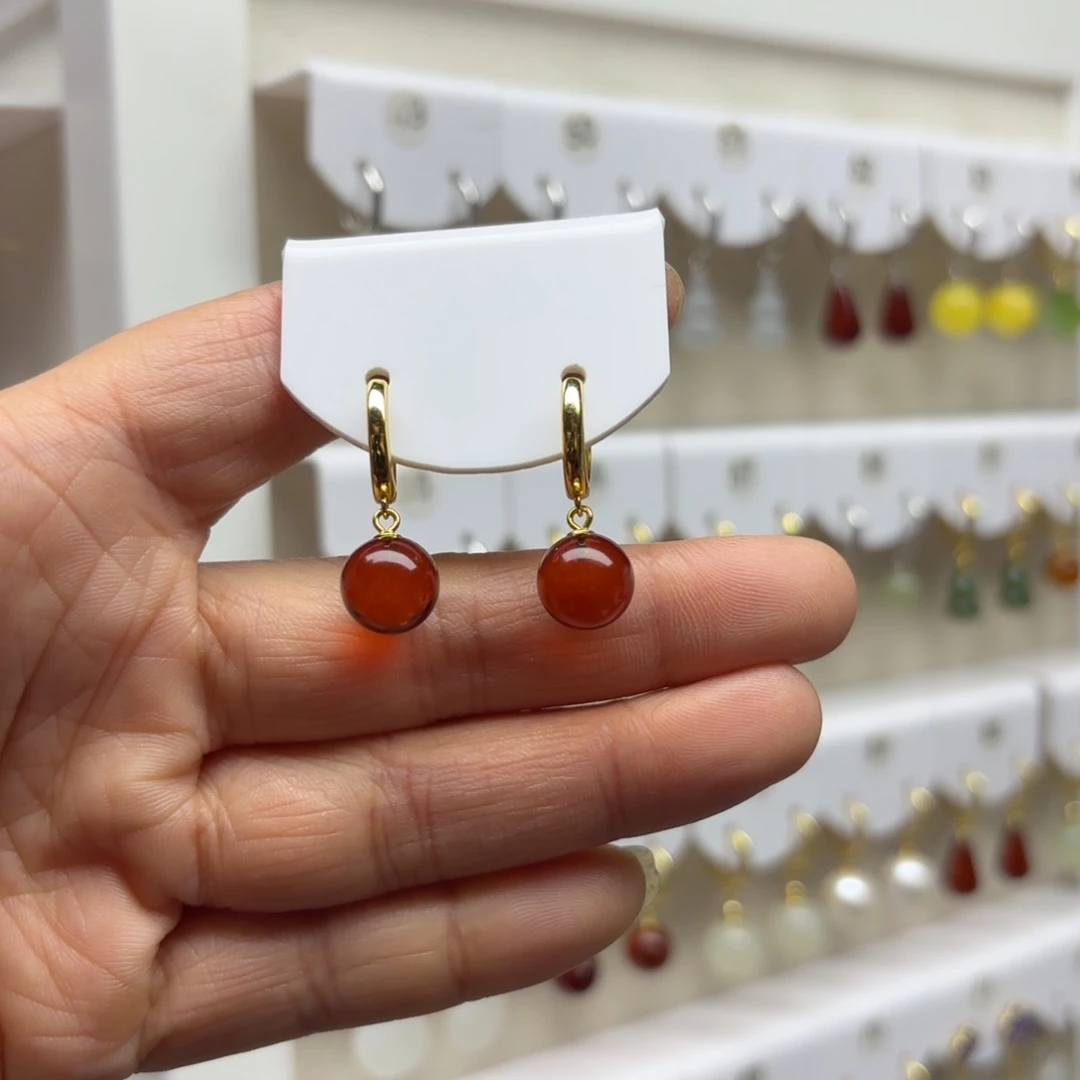 南红玛瑙银S925镶嵌耳饰