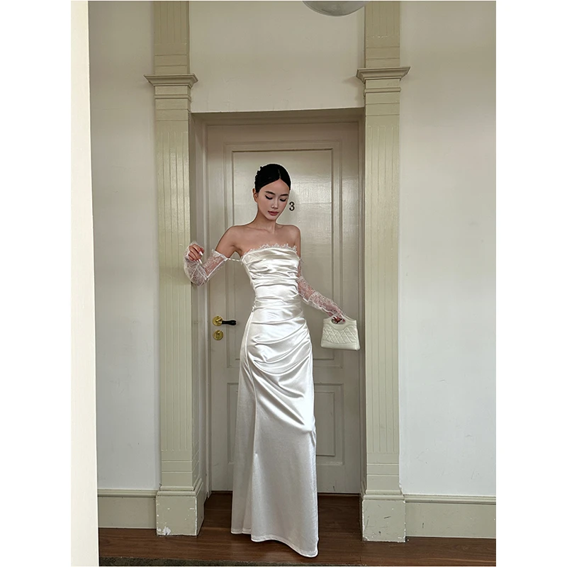 VENUIE【沐光之影】法式蕾丝缎面温柔抹胸显瘦鱼尾包臀连衣裙24579