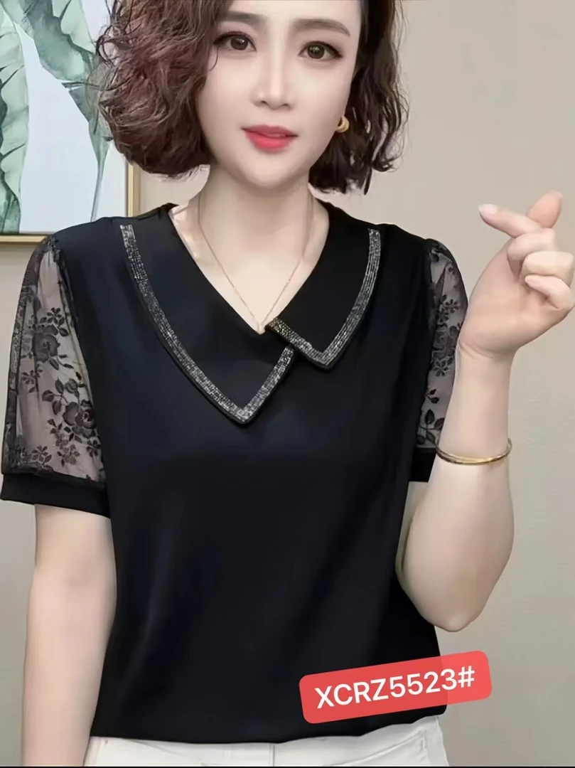 烫钻不规则领蕾丝拼接短袖套头上衣时尚洋气大方休闲百搭减龄气质