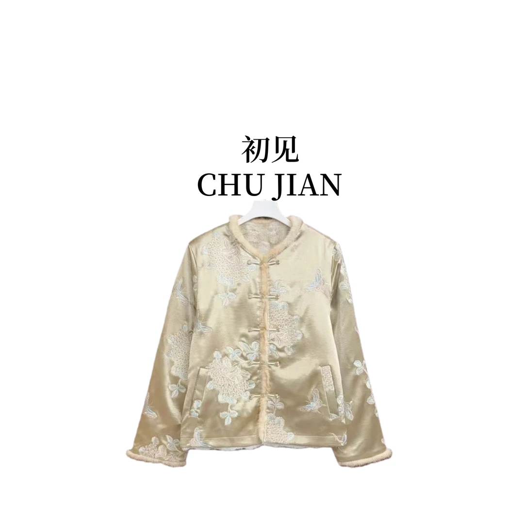 【鎏金岁月】轻奢香槟色冬季重工刺绣气质水貂毛双面穿国风外套