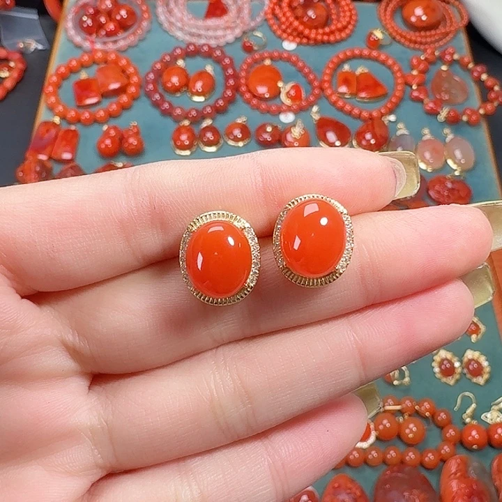 南红玛瑙9K金镶嵌耳饰