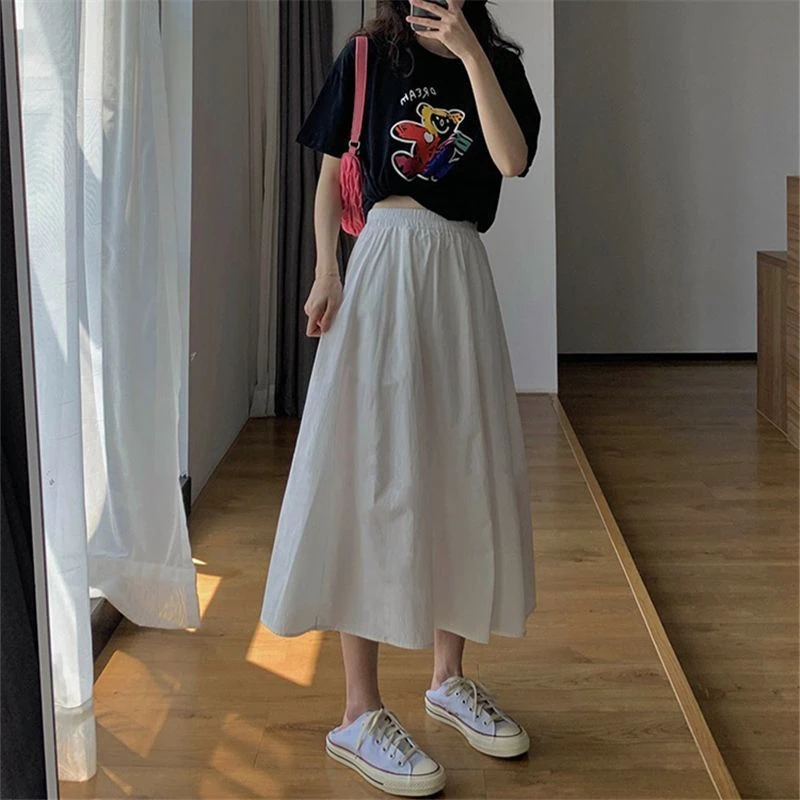 小清新高腰a字裙白色半身裙子女夏季中长款伞裙2025新款小个子潮