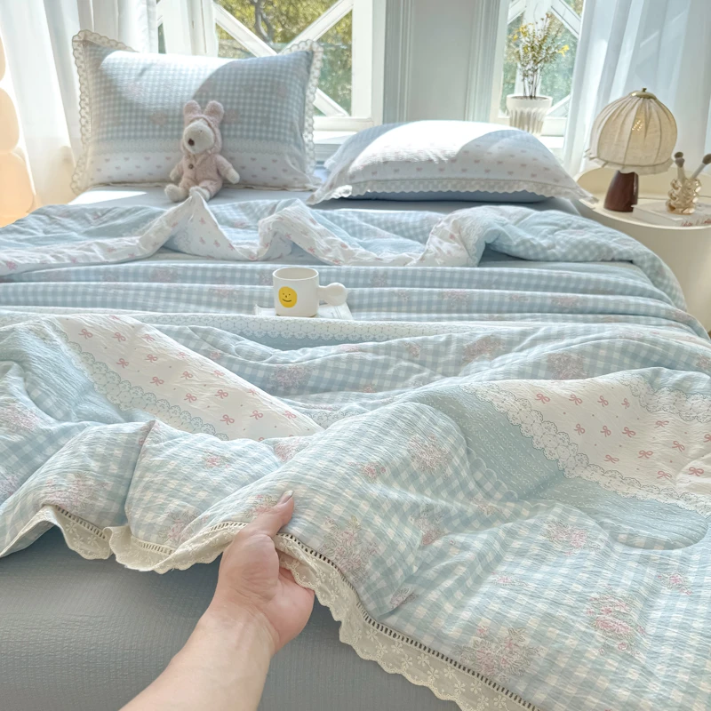 有氧透气皱皱双层纱夏凉被四件套韩式花边夏季薄被子可机洗空调被