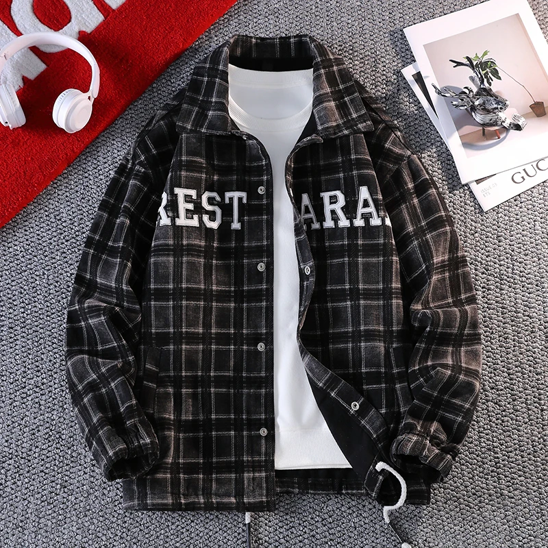 春秋新款美式复古做旧牛仔衬衫长袖男生格子翻领休闲外套宽松夹克