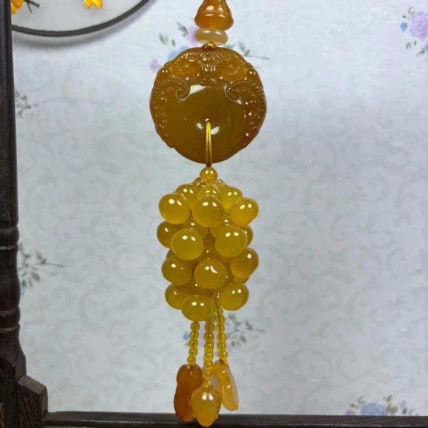 鸡油黄三阳开泰牌葫芦串高端大气车挂