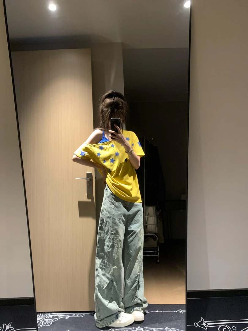 韩版夏季新款斜肩短袖修身小星星设计感显瘦休闲打底衫T恤女ins潮