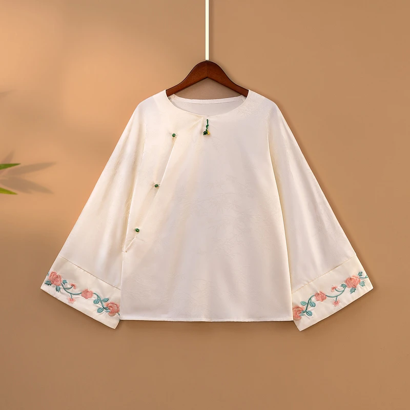 【婉晴】春季2025新款上衣小衫女装新中式国风宽松圆领绣花长袖衬衫