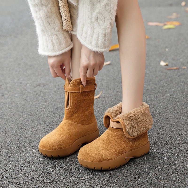 香脉头层牛皮雪地靴羊皮毛一体两穿厚底增高保暖中筒靴子女991