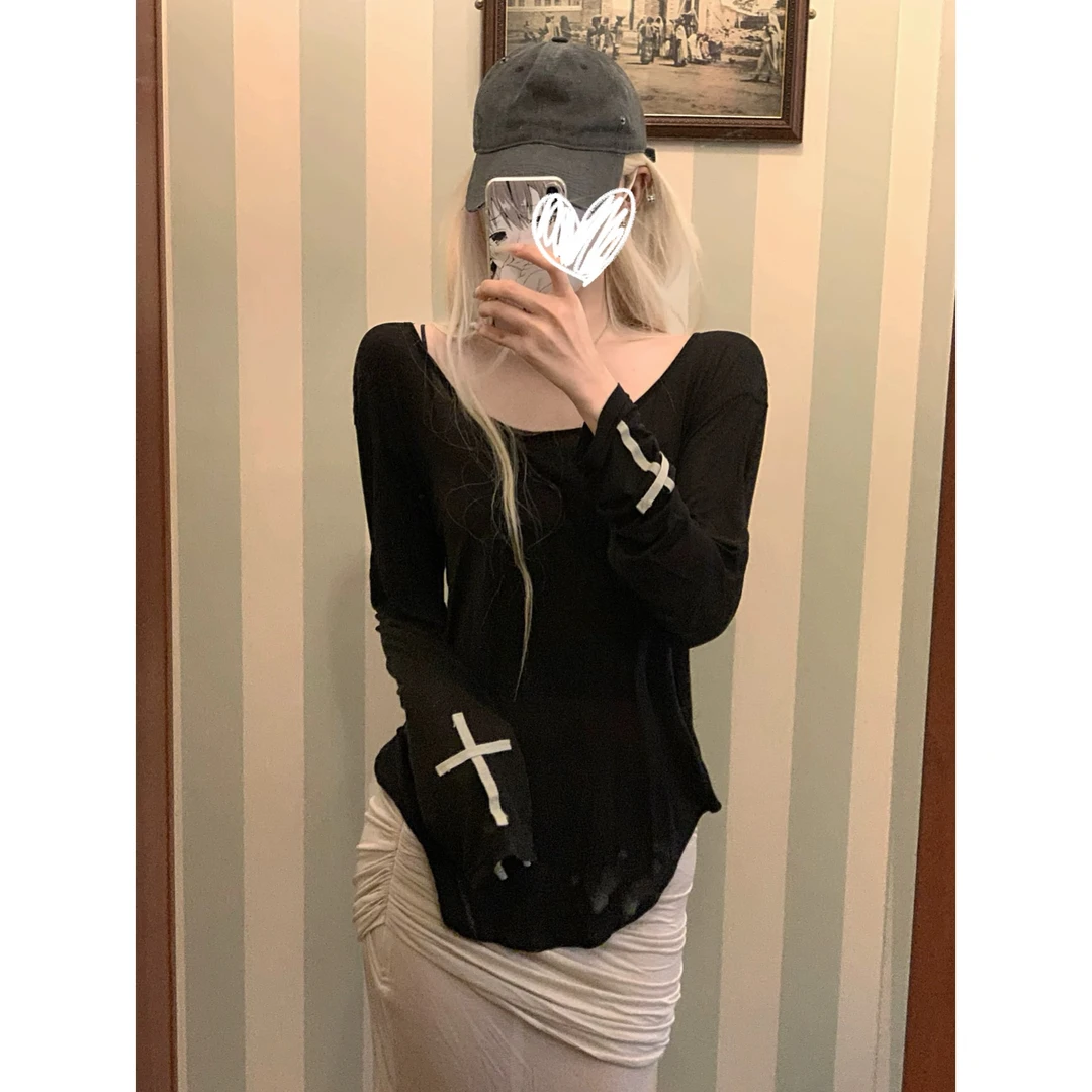 黑色天丝长袖T恤上衣女辣妹薄款宽松露肩微透防晒罩衫