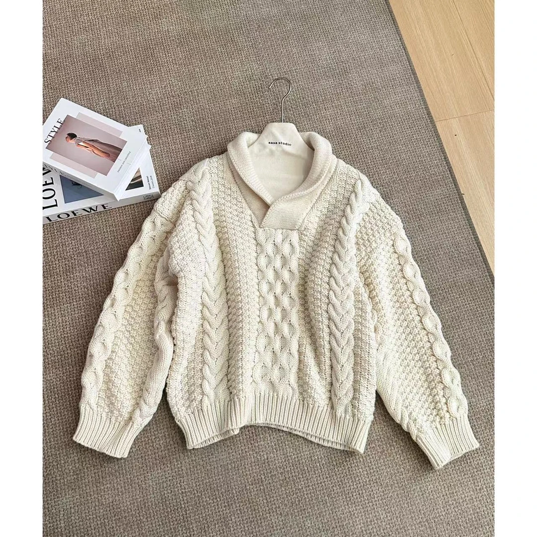 高级感V领重工麻花设计套头厚款毛衣 F-9692