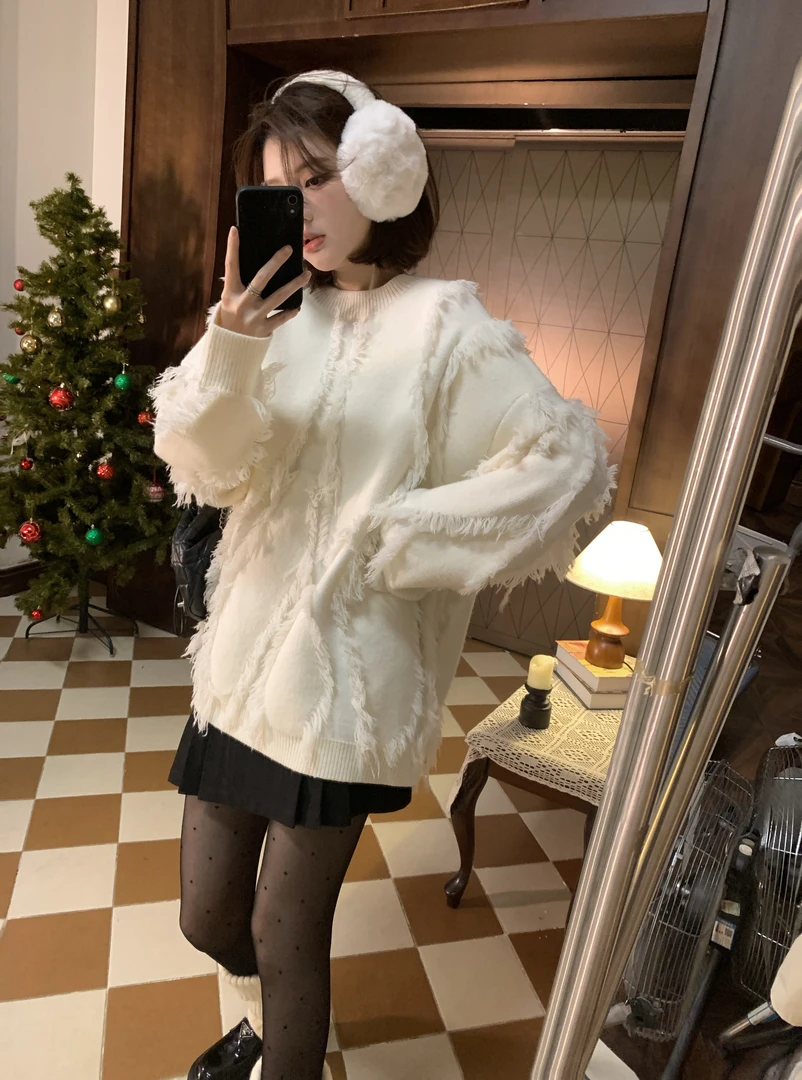 【芝士Cheese】伯尼尔香槟 气质白色舒适时尚百搭圆领秋冬套头上衣