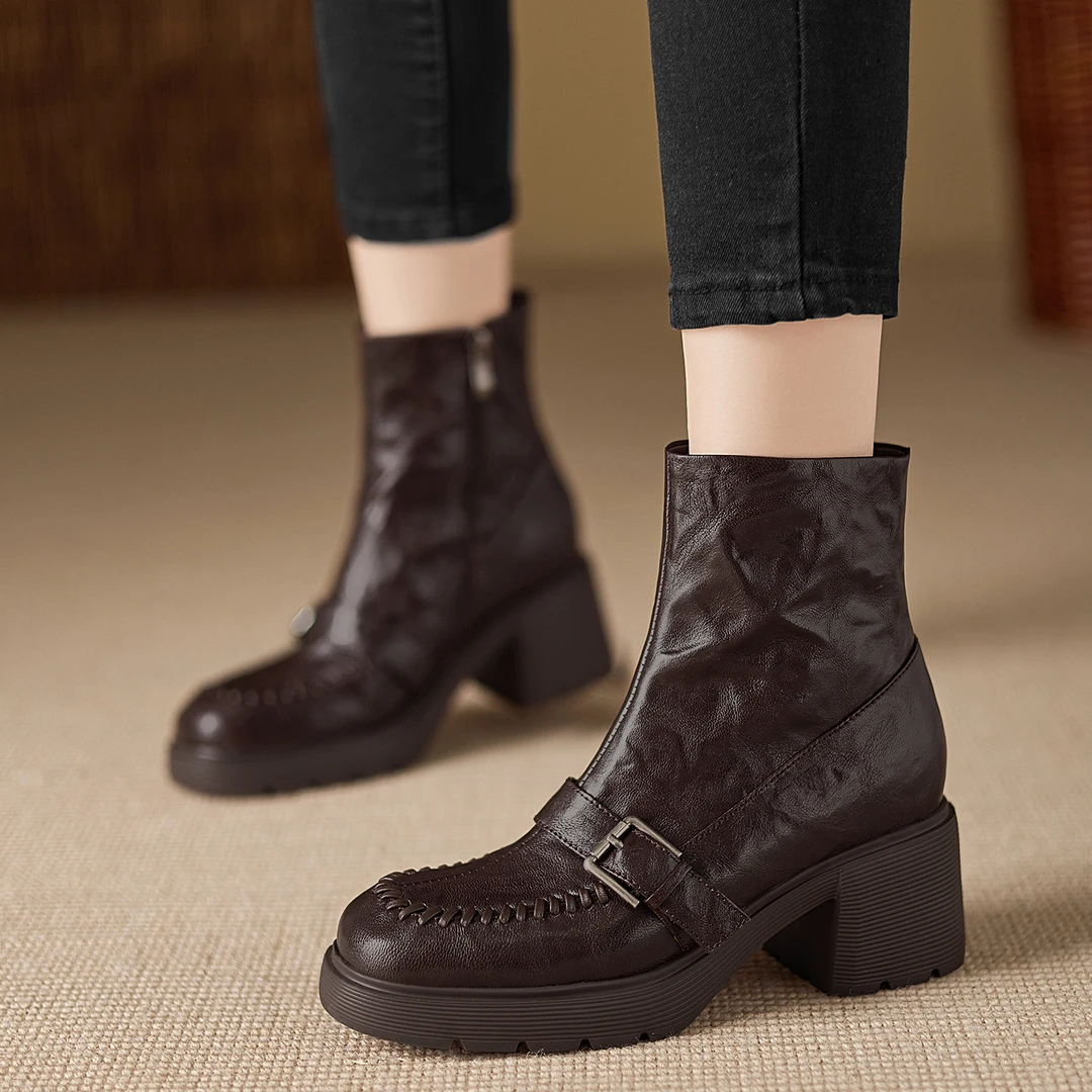 不累脚手工女鞋6.5cm~法式小众设计马丁靴百搭短靴女阔腿裤必备鞋