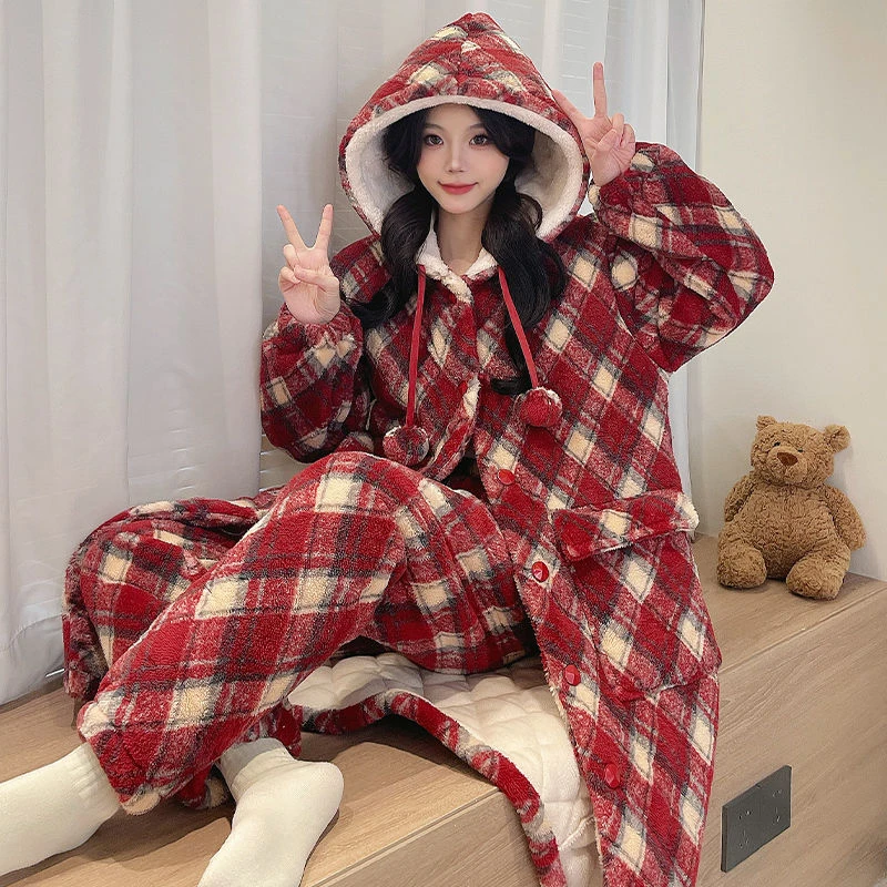 三层夹棉2025秋冬季睡袍女保暖加绒加厚珊瑚绒连帽睡衣家居服套装