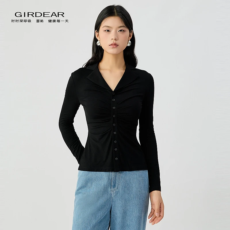 【现】哥弟时尚简约百搭舒适V领收腰捏褶设计感修身衬衫130097