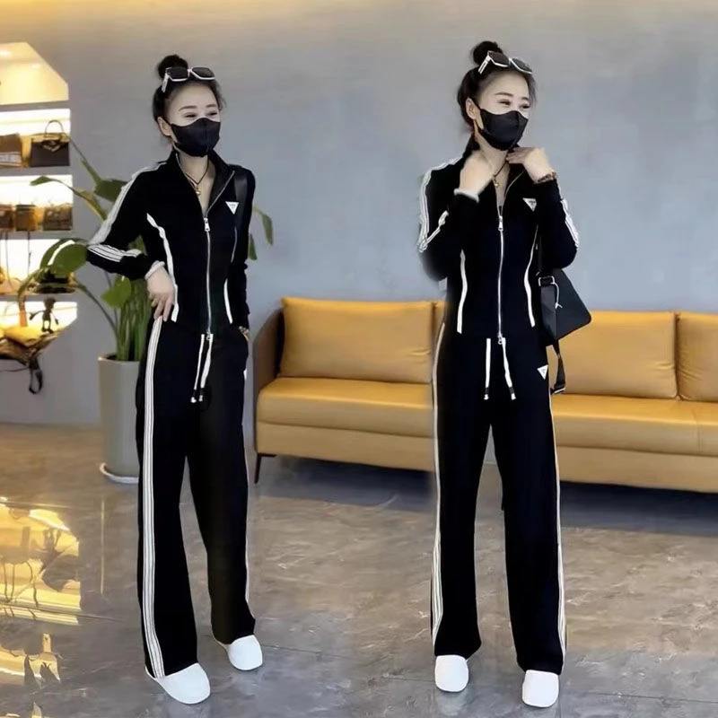 2025春秋季新款韩版洋气运动服套装女拉链立领卫衣阔腿长裤两件套