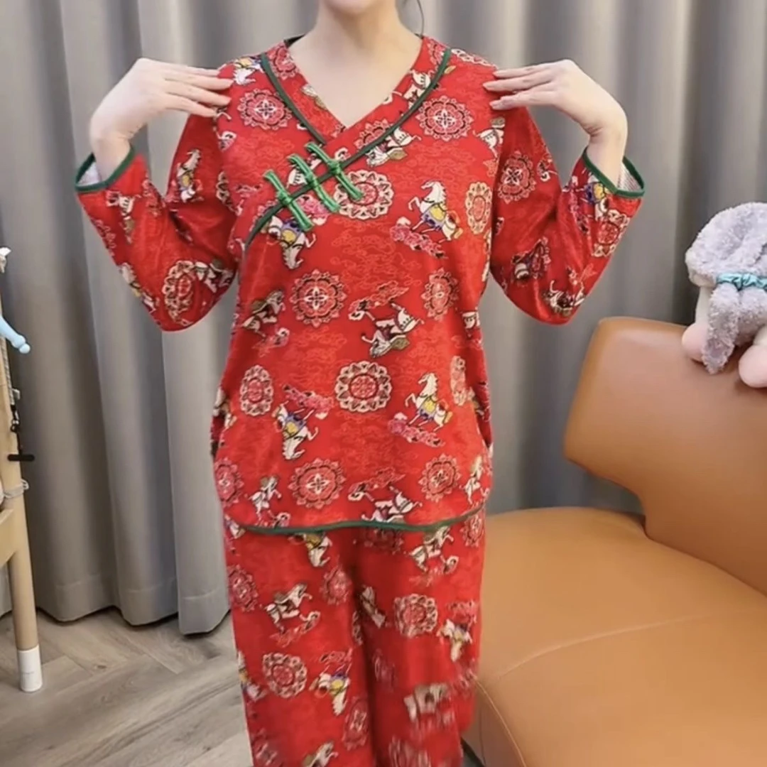 新中式国风盘扣马到成功磨毛保暖女士长袖家居服睡衣套装秋冬