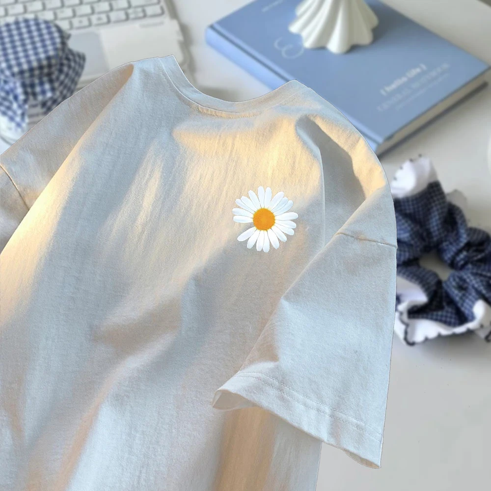 港风重磅纯棉短袖-小雏菊潮牌宽松百搭运动圆领纯棉上衣潮流