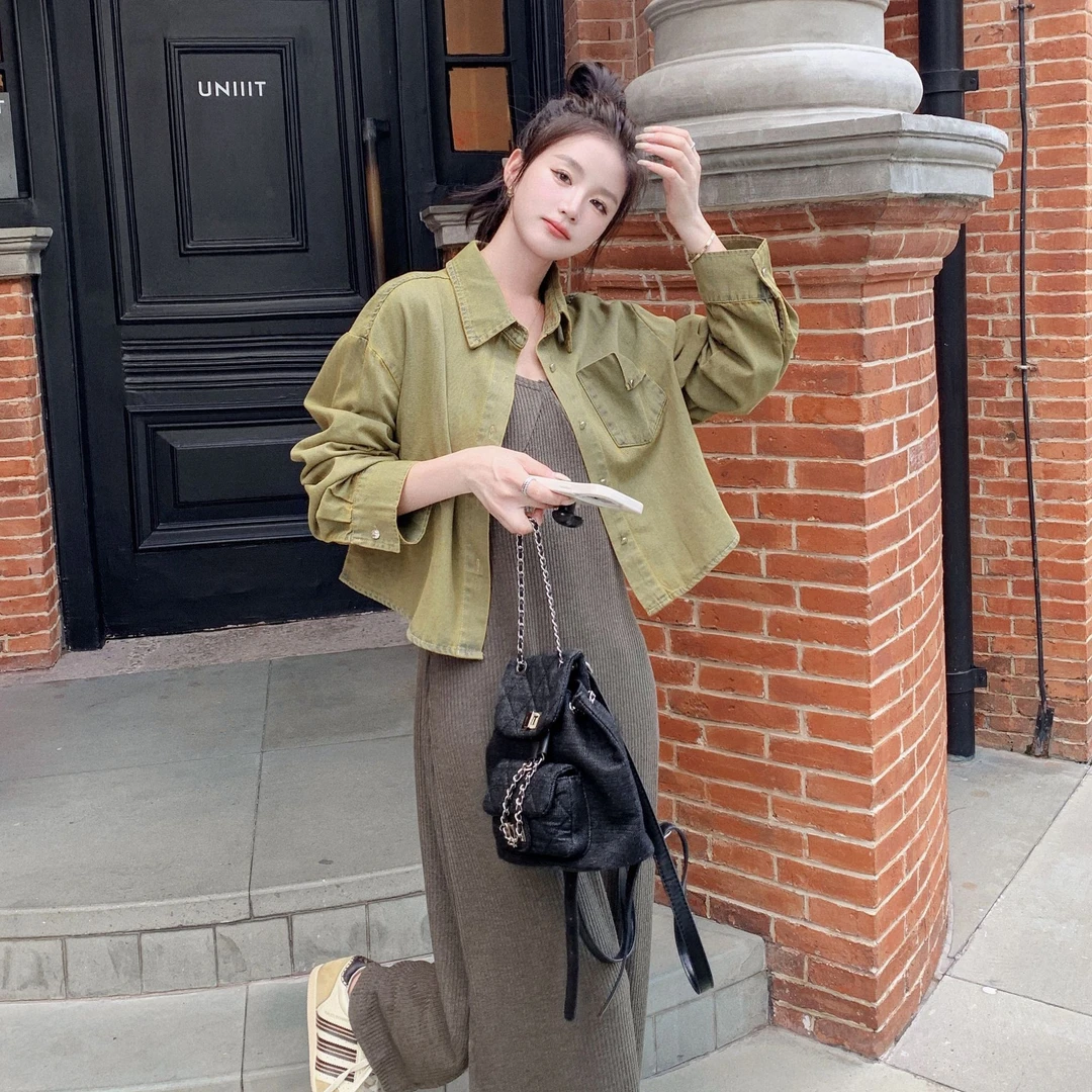 复古针织连衣裙套装女2025春秋季新款牛仔衬衫上衣开叉长裙两件套