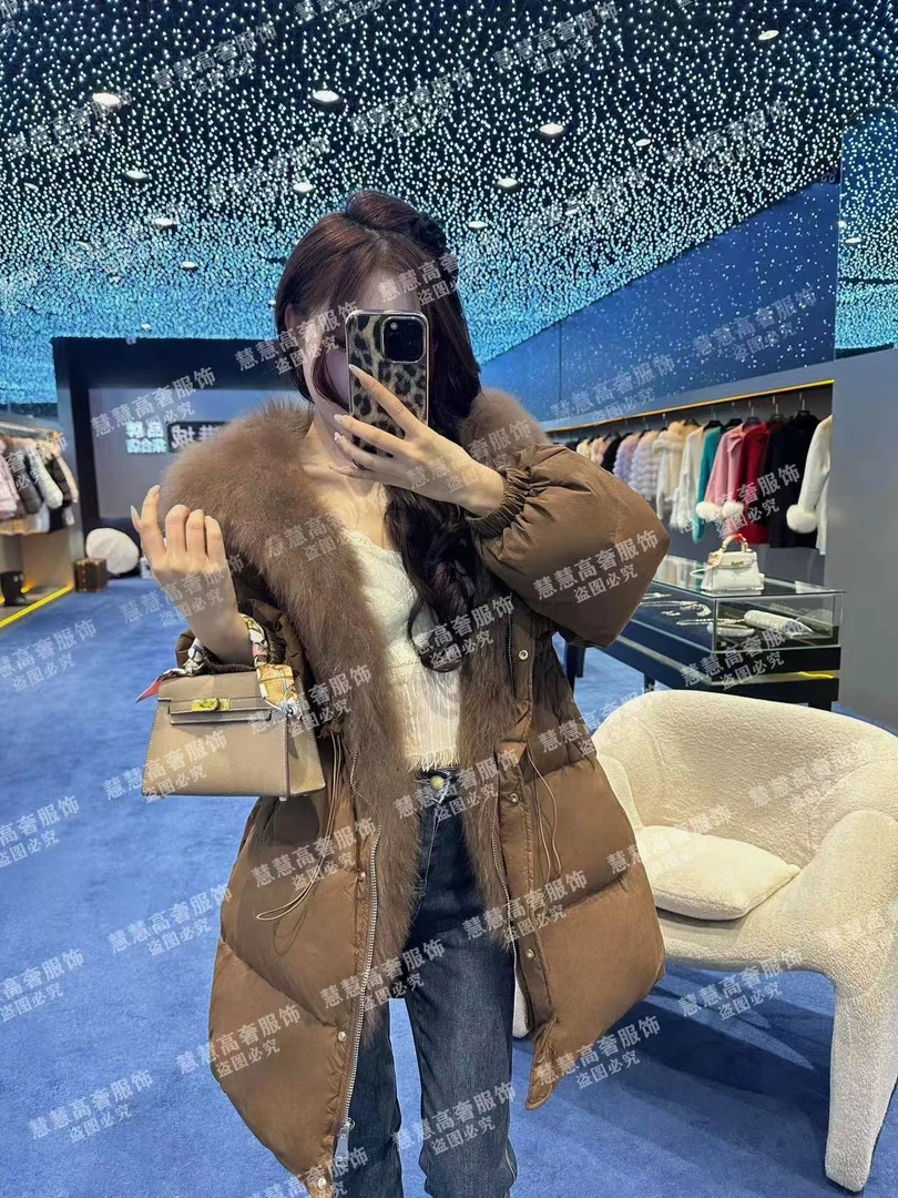 【慧慧专属】中长款狐狸毛领连帽90白鸭绒2024新款羽绒服 Y-9007
