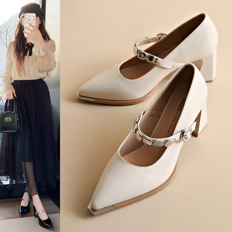 尖头小皮鞋女2025新款春秋夏季粗跟高跟高跟鞋复古法式玛丽珍单鞋