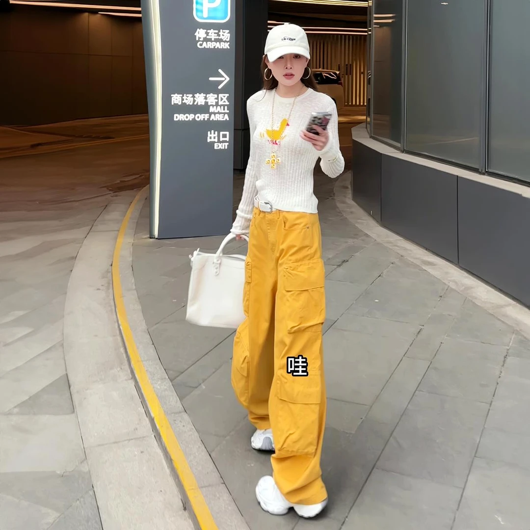 VOCKOO官方美式黄色阔腿工装裤女2025夏季新款时尚立体口袋显瘦运