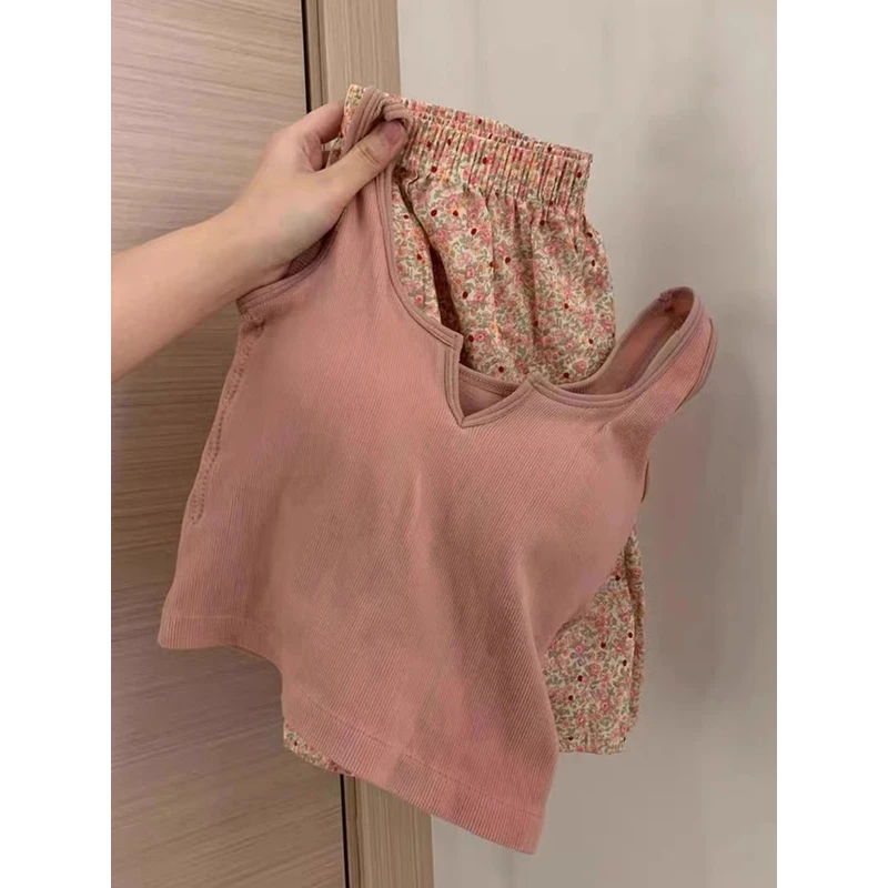 甜美带胸垫吊带睡衣女夏季运动背心碎花短裤可外穿纯色家居服套装