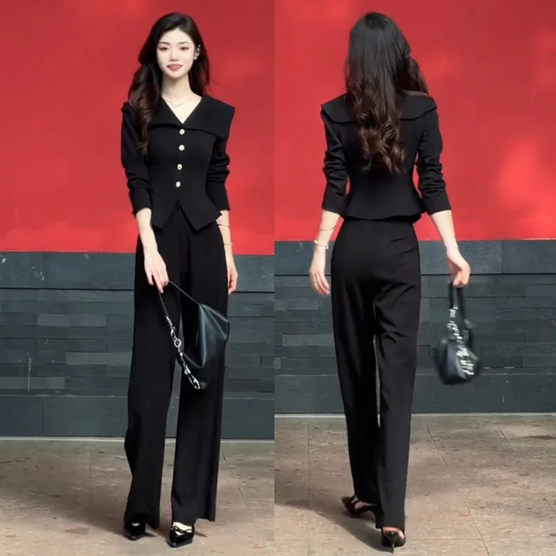 高级感小香风时尚休闲套装女2025春秋新款显瘦减龄黑色两件套套装