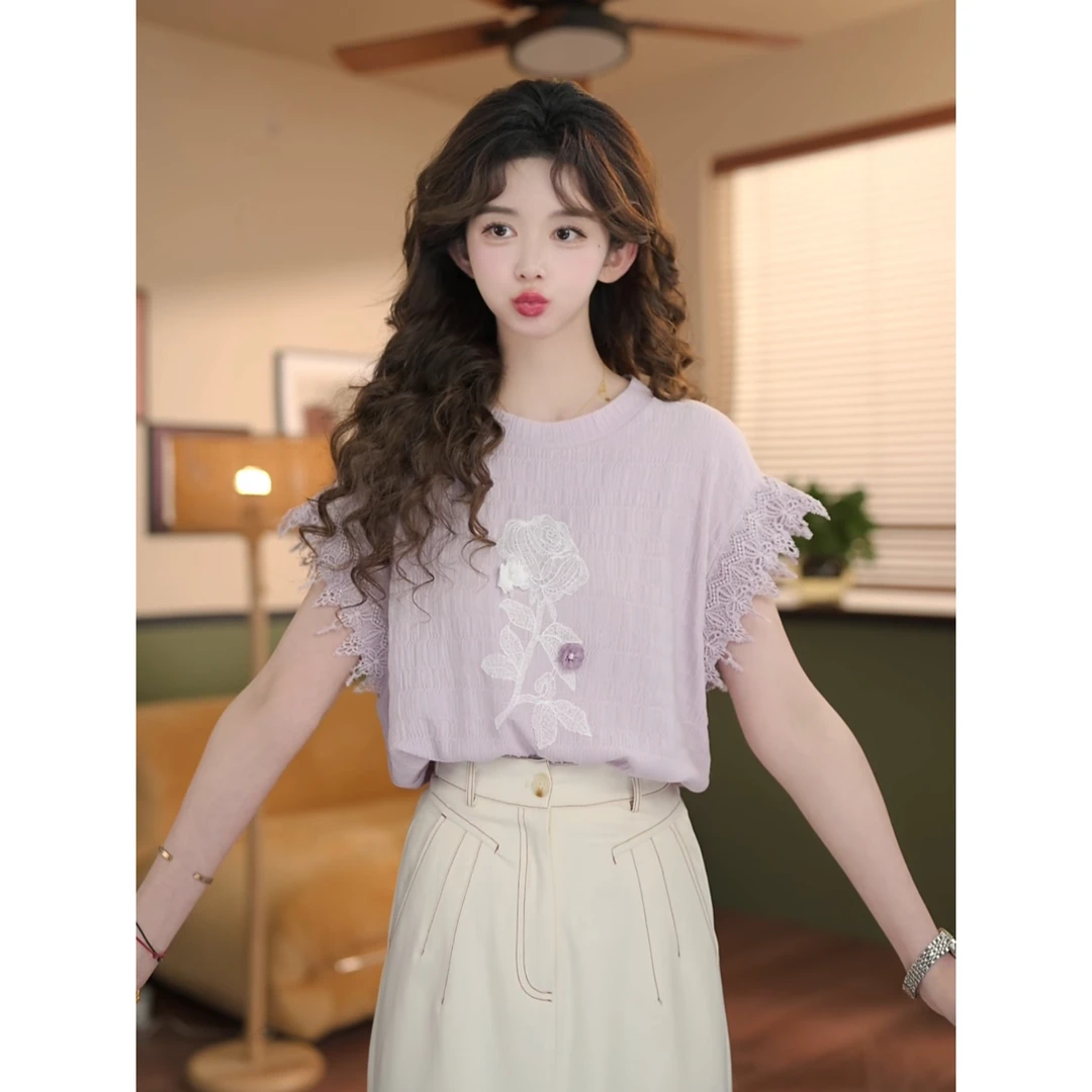 余紫绮【星星丝带】复古小衫休闲百搭短袖女夏季上衣ZF1102541