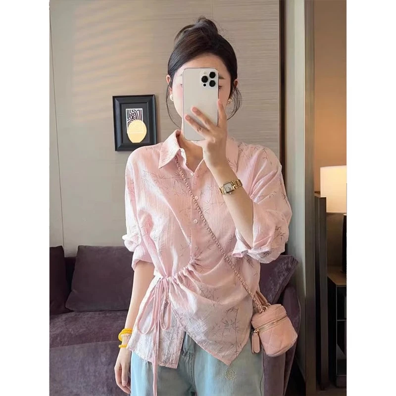 国风不规则抽绳防晒衬衫女士2025夏季新款高级百搭衬衣小个子上衣