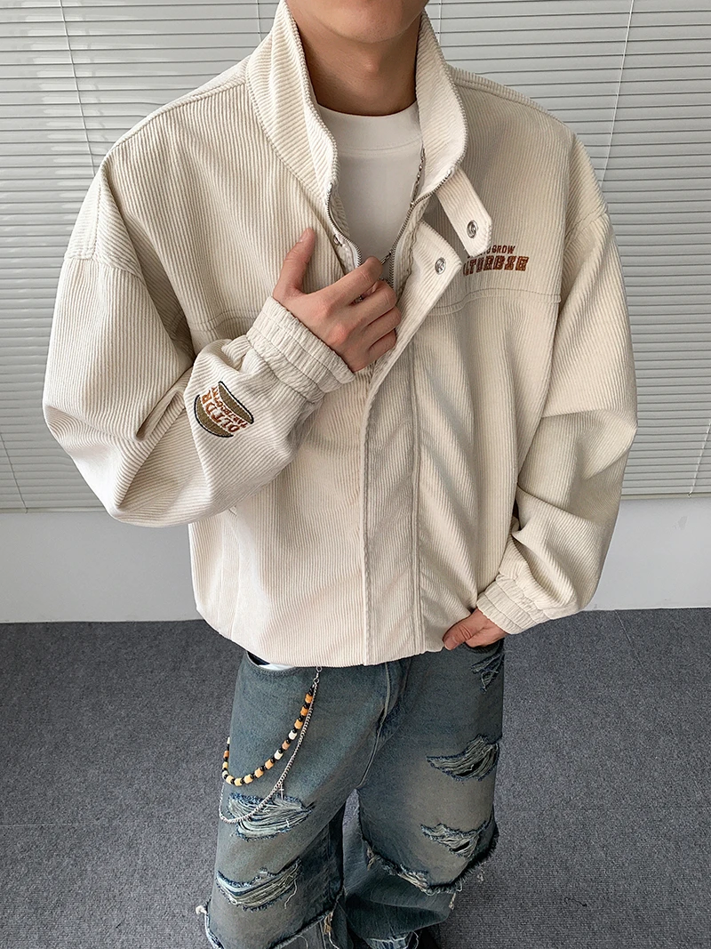 2025年秋冬灯芯绒宽松休闲外套男女同款原创美潮字母刺绣立领夹克