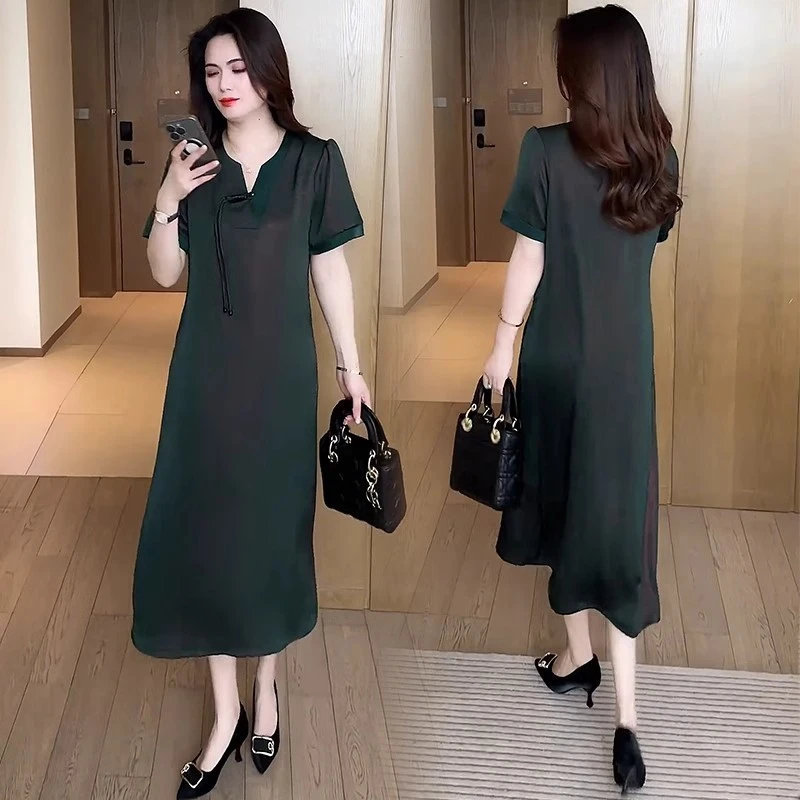 夏季中长裙通勤拼接连衣裙a字裙遮肚气质休闲翻领