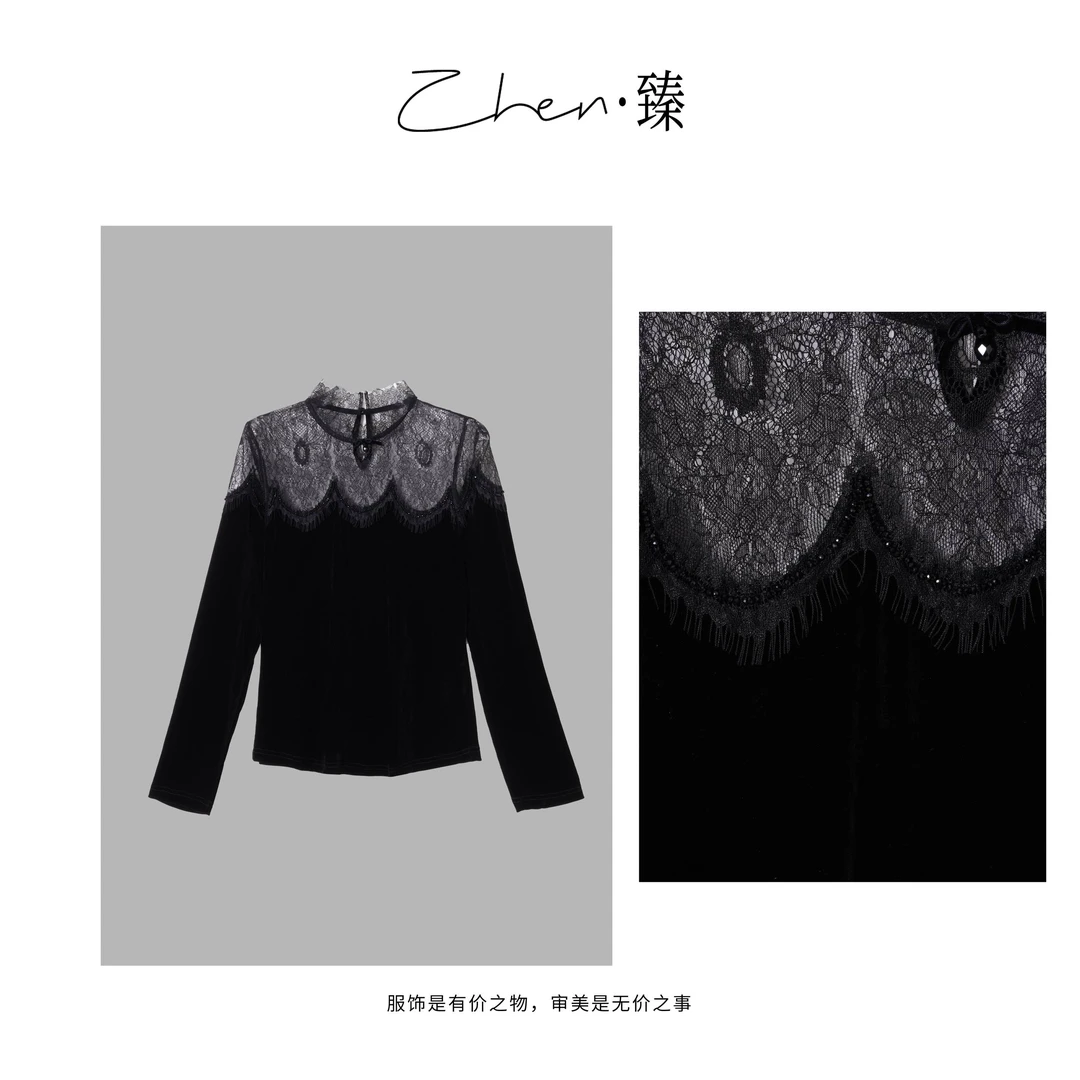 ZHEN.臻 法式气质立领水溶花蕾丝披肩拼接秋季丝绒衬衫SY8824Z