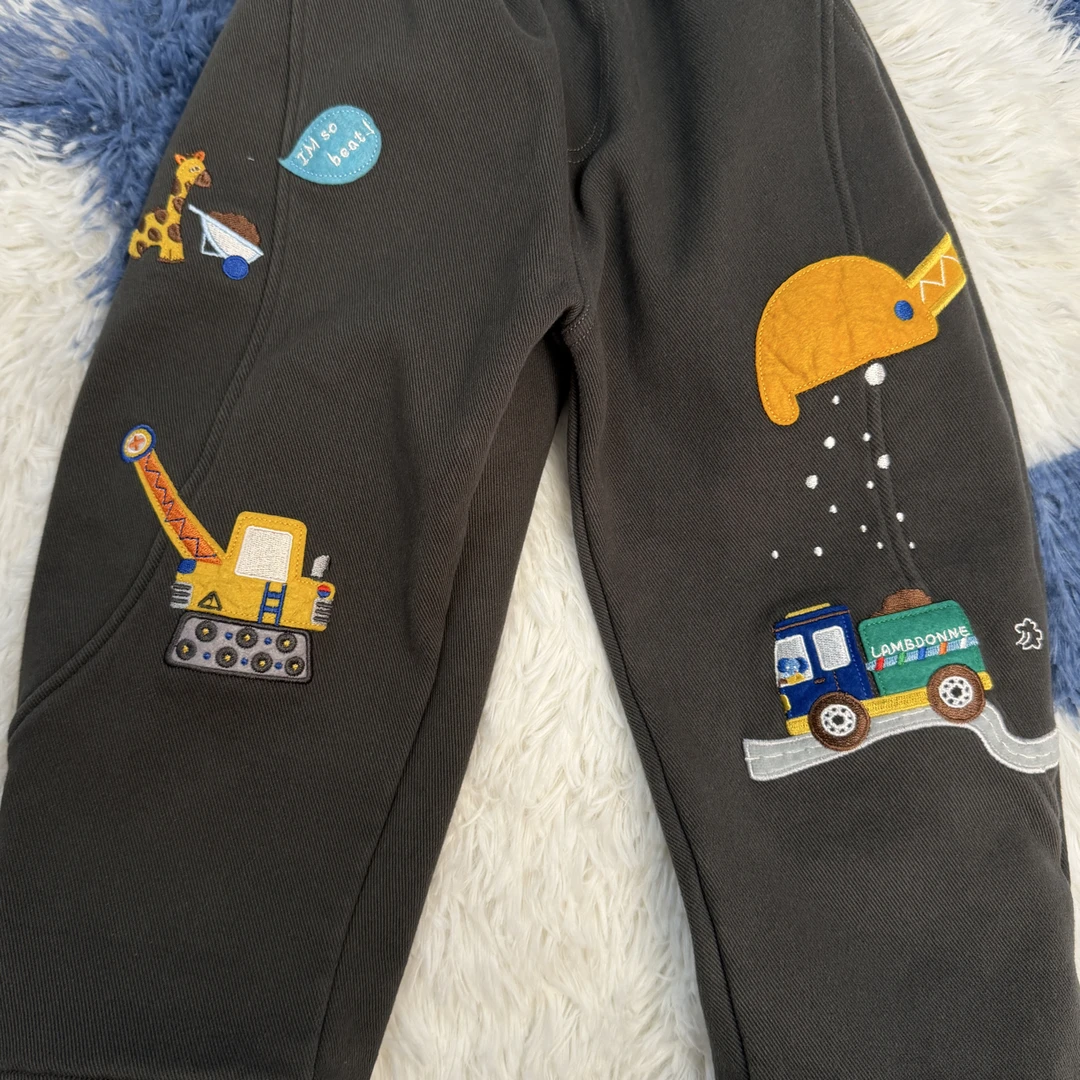 挖掘机男童加绒加厚卡通刺绣梭织休闲裤秋冬中小童保暖外穿长裤