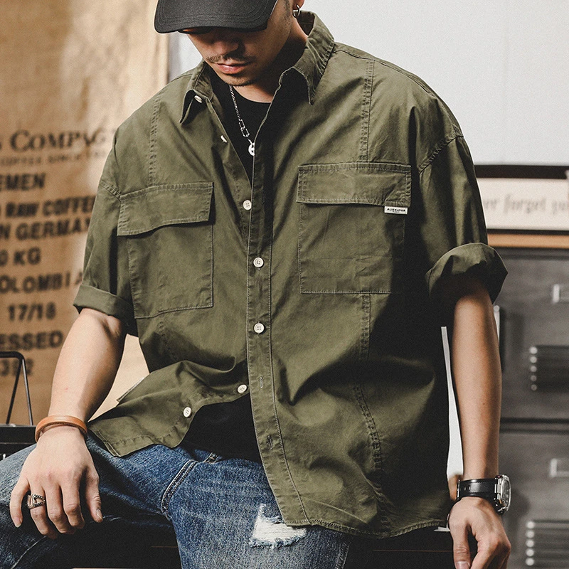 美式重工复古工装衬衫男短袖宽松夏季衣服男ins潮牌大码半袖上衣