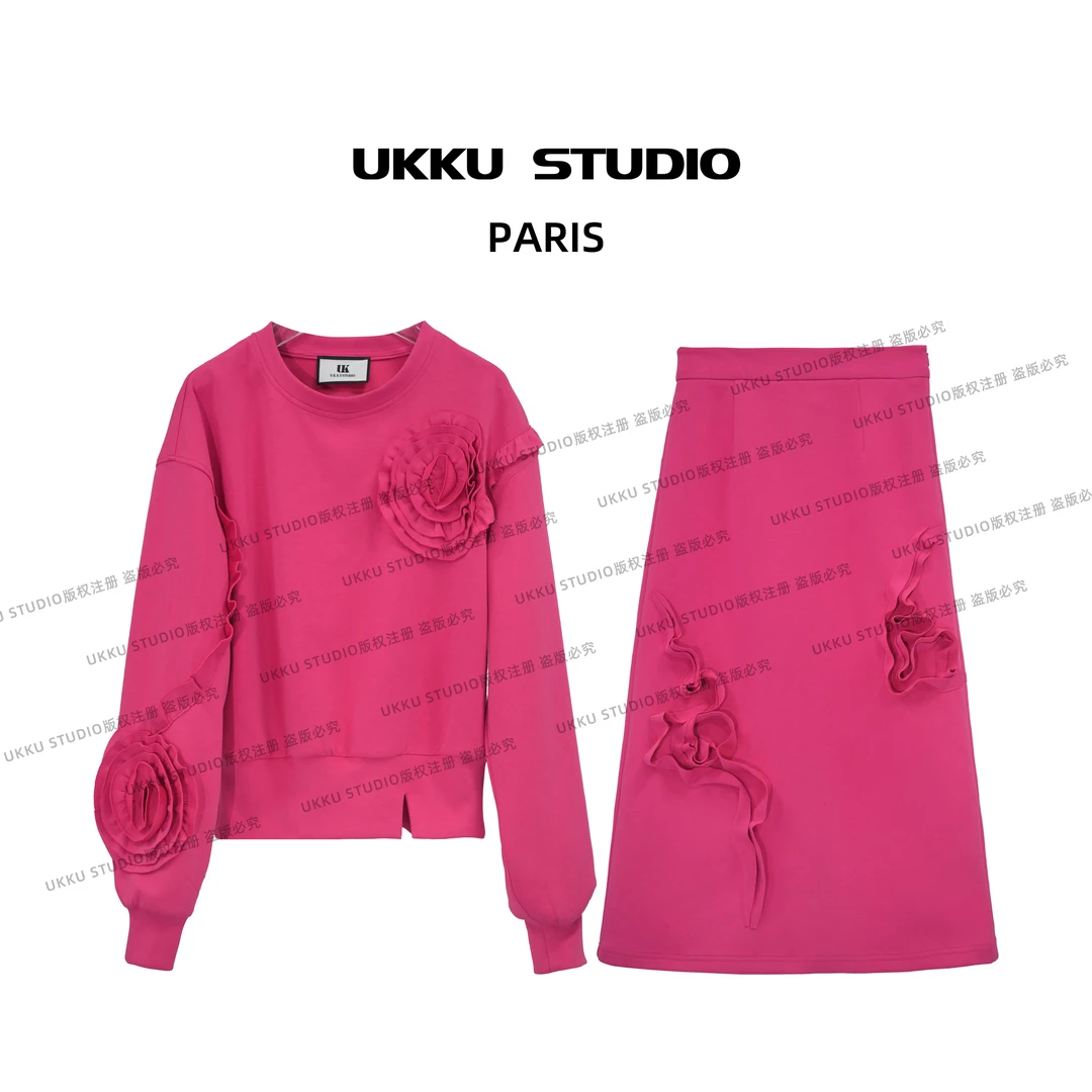 【UKKUSTUDIO】 航 新款玫红色显白百搭休闲潮流衬衫套装312820