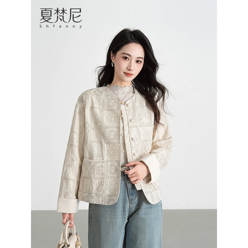 夏梵尼浮云冷萃新中式春秋天丝短外套重工绣花国风洋气百搭外衣女