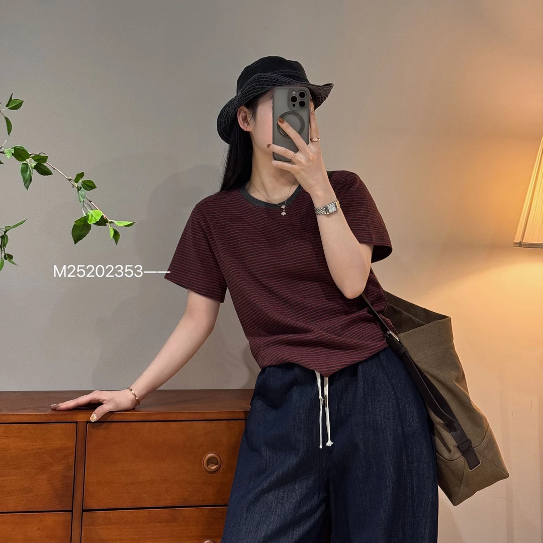 韩版百搭潮流舒适时尚宽松简约细条纹短袖T恤女-M25202353