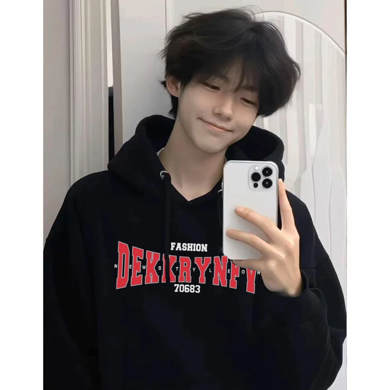 高街趣味个性字母印花连帽卫衣男秋冬季美式百搭宽松休闲情侣上衣