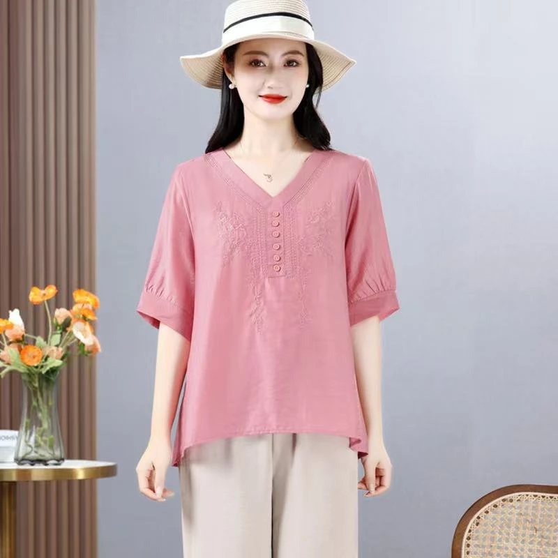 洋气中袖小衫夏季复古显瘦短袖上衣新中式休闲大码女装时尚绣花