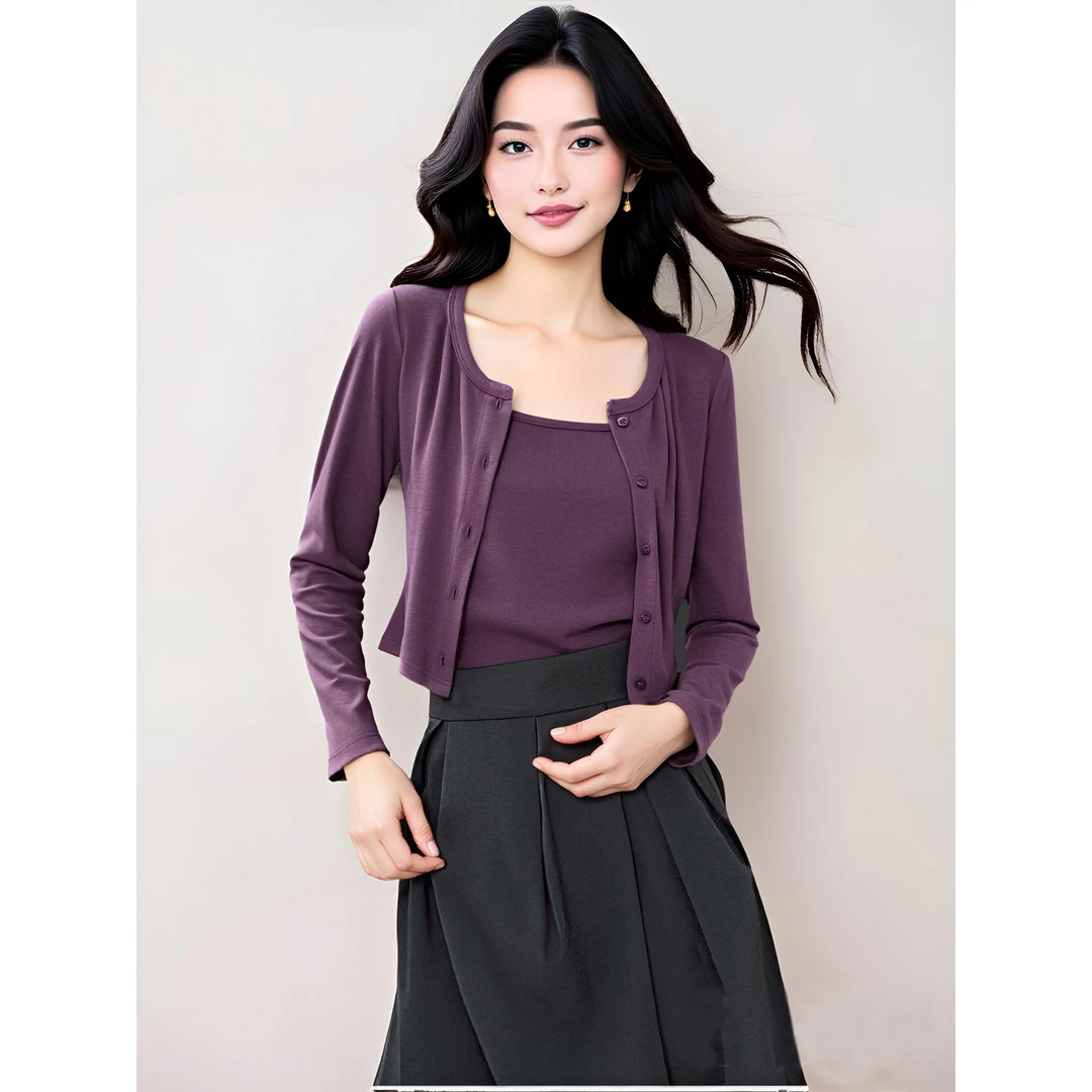 parkyeon紫色针织开衫初秋薄款披肩加吊带宽松显瘦中长裙早秋套装