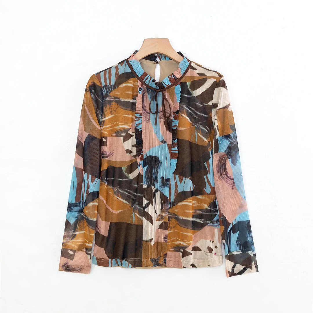 C6272【商场新款】 长袖翻领衬衣春夏印花气质时尚百搭轻奢休闲洋气