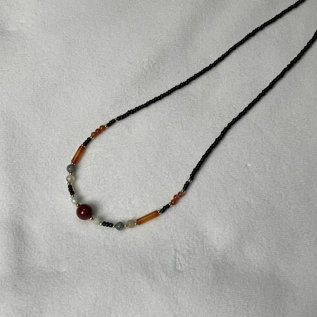 铜合金项链 黑色设计款锁骨链璎珞微笑