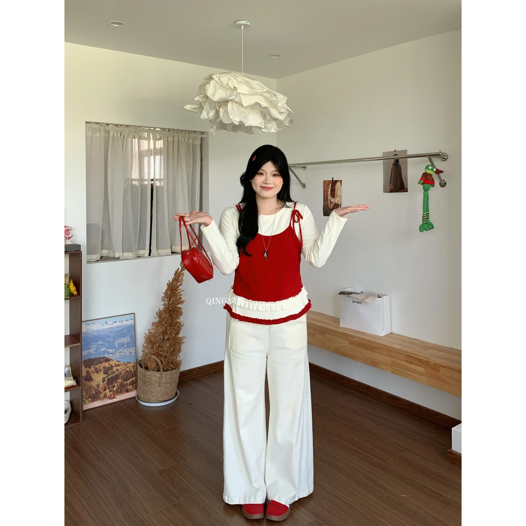 青屿衫-微胖显瘦春韩系气质减龄木耳边假两件长袖T恤女初秋季大码