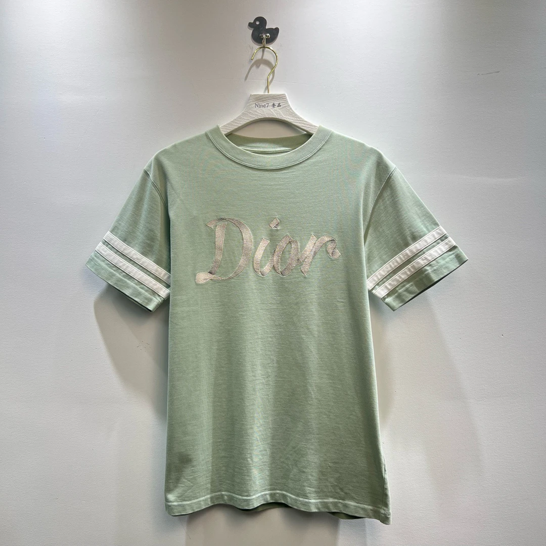 99新 DIOR/迪奥 浅绿色 刺绣 logo 数字印花条纹圆领 短袖 XS