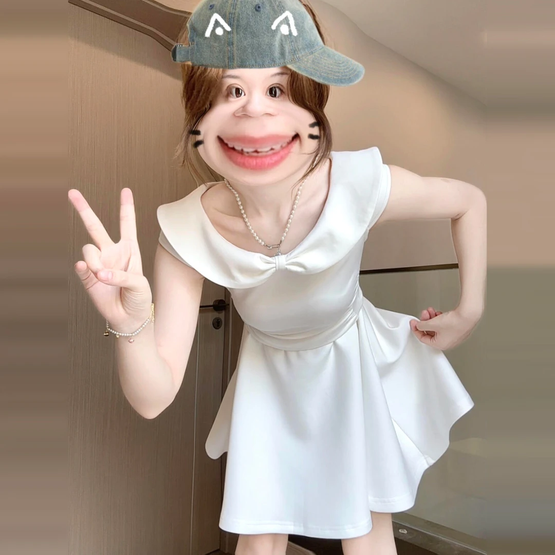 法式气质娃娃领白色连衣裙子女夏2025新款小个子褶皱收腰蓬蓬短裙