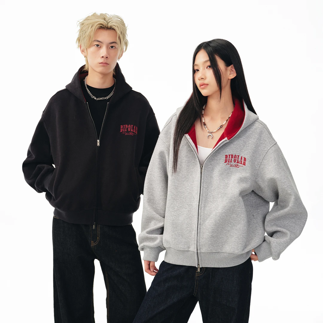 BIPOLAR撞色刺绣双拉链运动时尚休闲潮流情侣装开衫卫衣  18U073