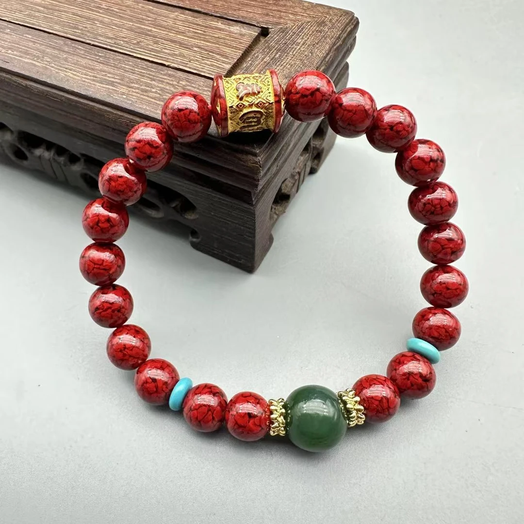 含辰砂工艺品JT263-晶体8mm配雕刻桶珠设计款单圈手串