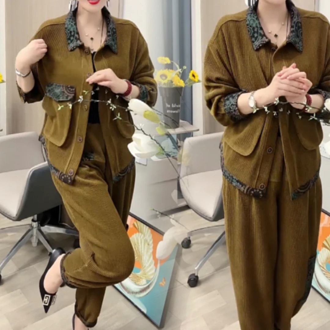 春秋季新款花翻领显瘦上衣加裤子时尚气质休闲套装